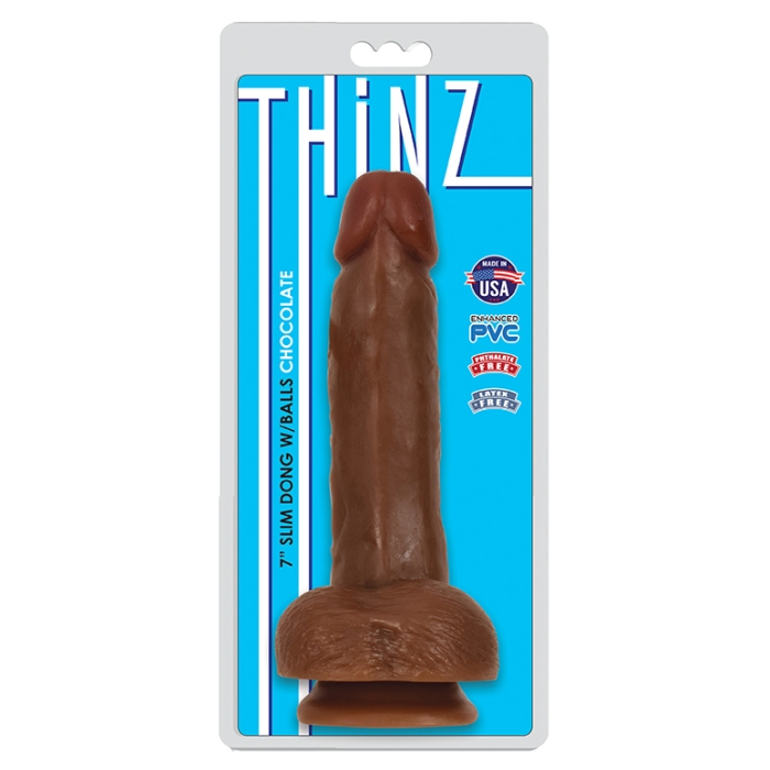 THINZ 7IN SLIM DONG WITH BALLS - CHOCOLATE