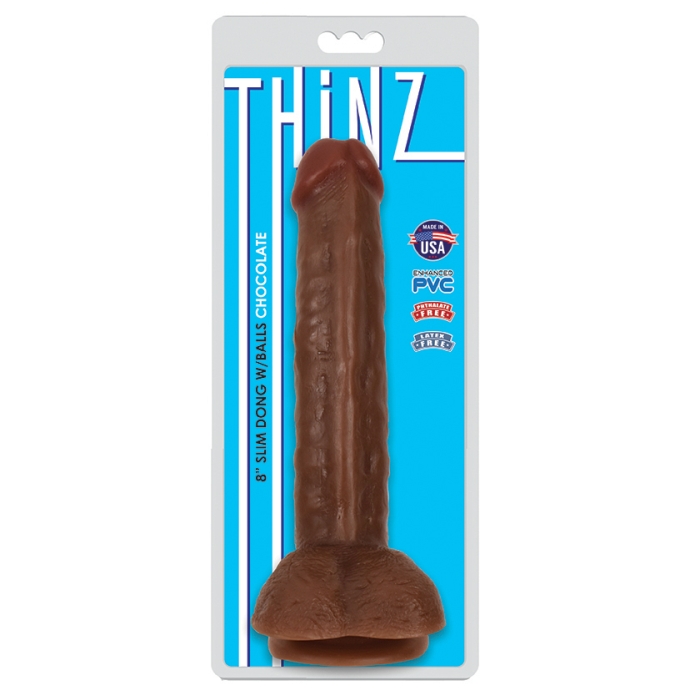 THINZ 8IN SLIM DONG WITH BALLS - CHOCOLATE