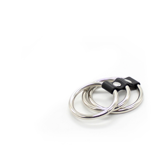 COCKRING 3-RINGS METAL/LEATHER - SILVER/BLACK