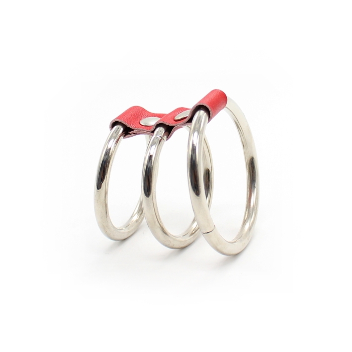 COCKRING 3-RINGS METAL/LEATHER - SILVER/RED