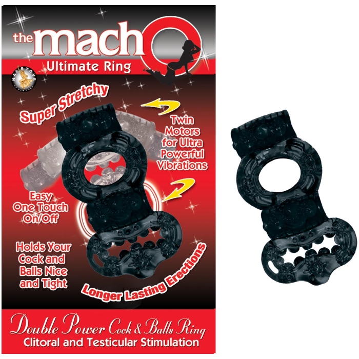 THE MACHO COLLECTION DOUBLE POWER COCK & BALLS RING - BLACK - Click Image to Close