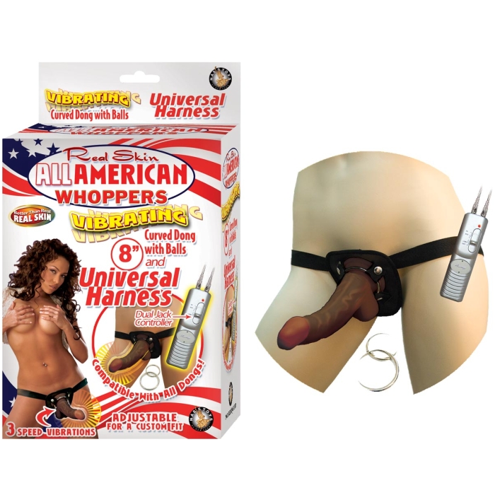 AFRO AMERICAN WHOPPERS VIBRATING 8IN DONG WITH UNIVERSAL HARNESS