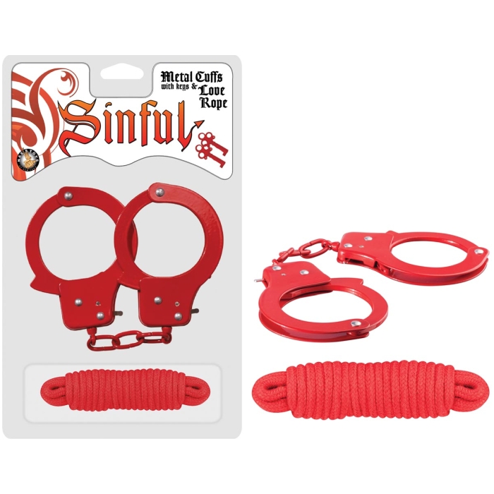 SINFUL METAL CUFFS WITH KEYS & LOVE ROPE - RED