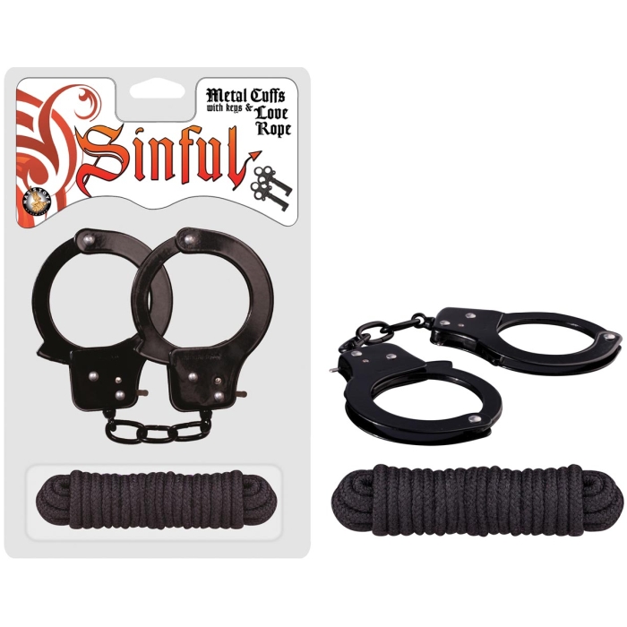 SINFUL METAL CUFFS WITH KEYS & LOVE ROPE - BLACK