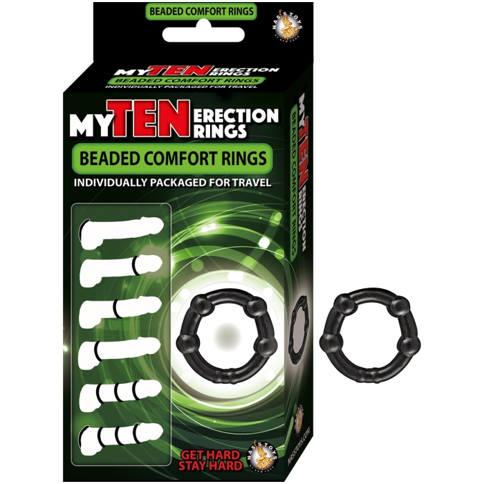 MY TEN ERECTION RINGS BEADED COMFORT RINGS-BLACK - Click Image to Close