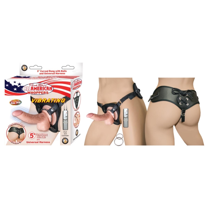 ALL AMERICAN WHOPPERS VIBRATING 5IN CURVED DONG W/BALLS & UNIVER