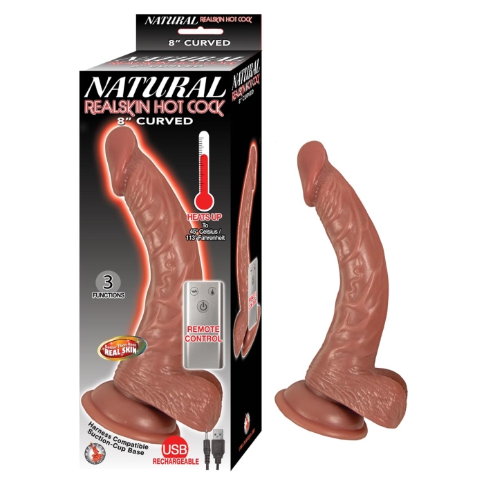 NATURAL REALSKIN HOT COCK CURVED 8"-BROWN - Click Image to Close