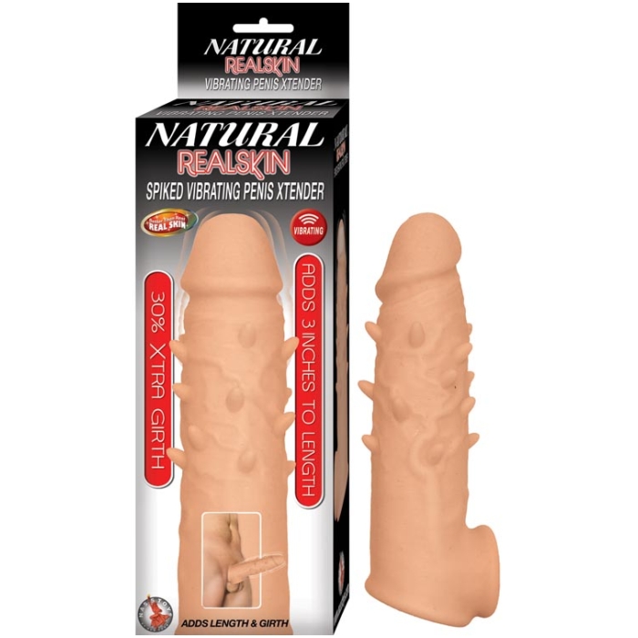 NATURAL REALSKIN SPIKED VIBRATING PENIS XTENDER-WHITE - Click Image to Close