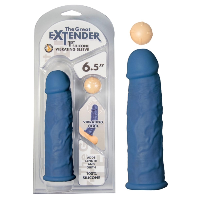 THE GREAT EXTENDER 1ST SILICONE VIBRATING SLEEVE 6.5"-BLUE - Click Image to Close