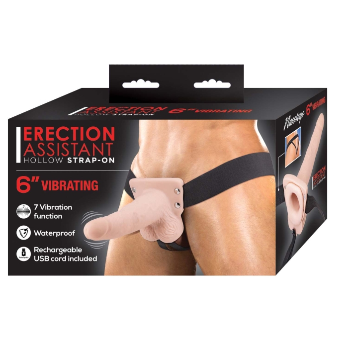 ERECTION ASSISTANT HOLLOW STRAP-ON 6" VIBRATING-WHITE