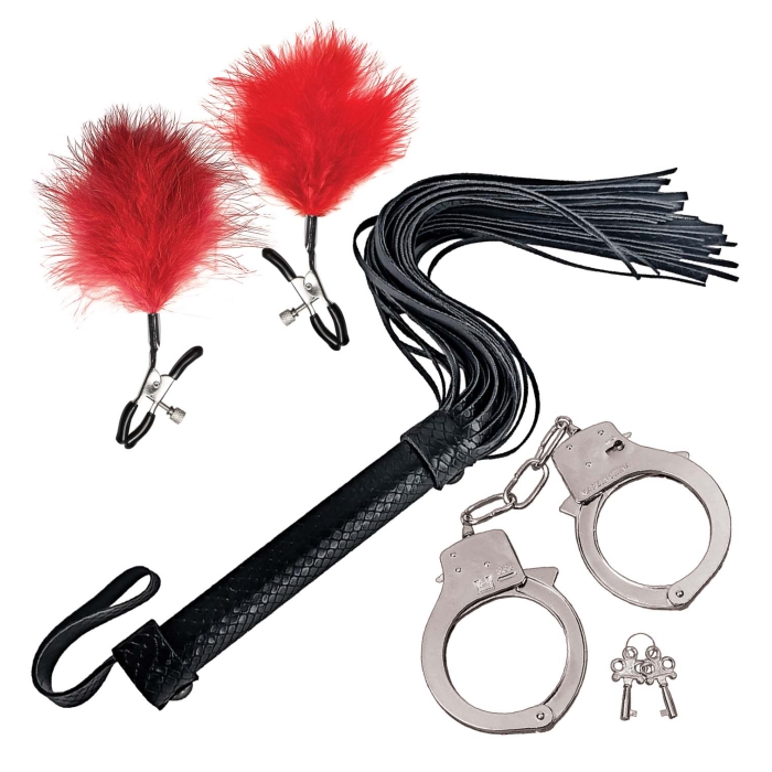 BONDAGE BY NASSTOYS WHIP, FEATHER & CUFFS-RED