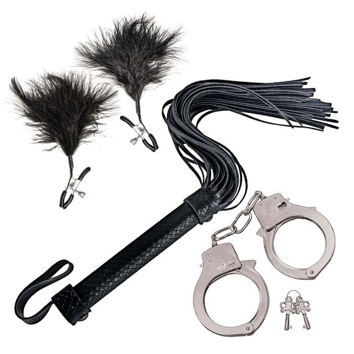 BONDAGE BY NASSTOYS WHIP, FEATHER & CUFFS-BLACK