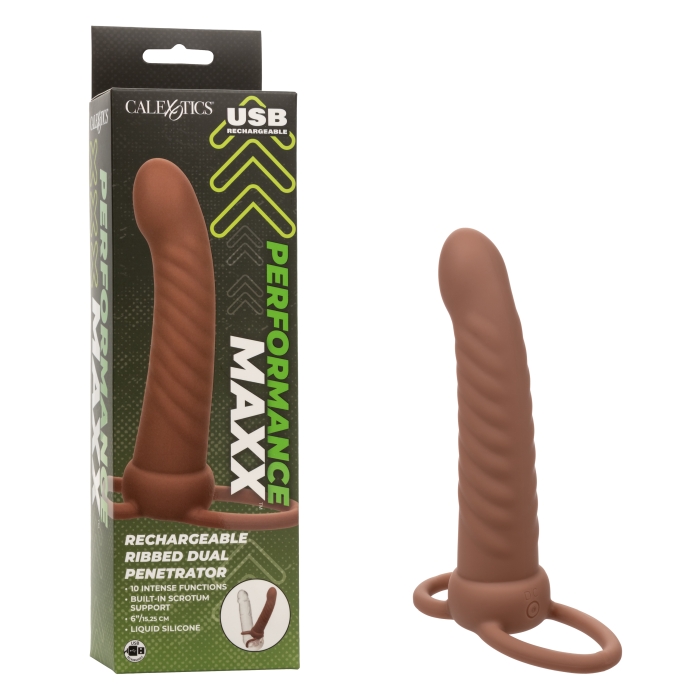 PERFORMANCE MAXX RECHARGEABLE RIBBED DUAL PENETRATOR - BROWN - Click Image to Close