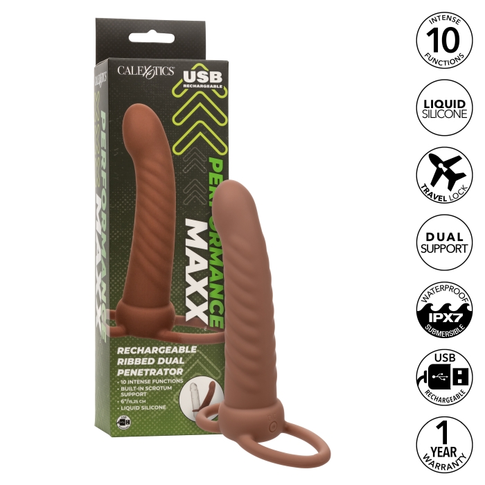 PERFORMANCE MAXX RECHARGEABLE RIBBED DUAL PENETRATOR - BROWN