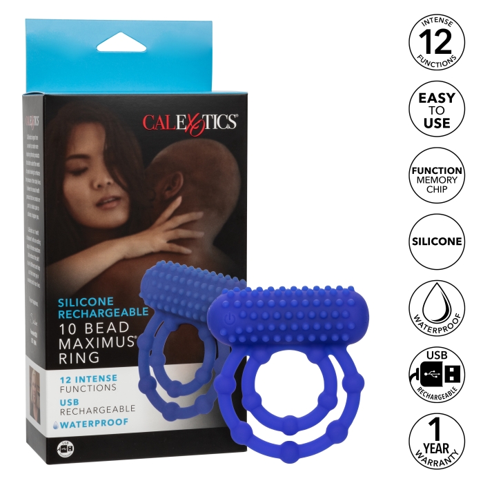 SILICONE RECHARGEABLE 10 BEAD MAXIMUS RING - BLUE