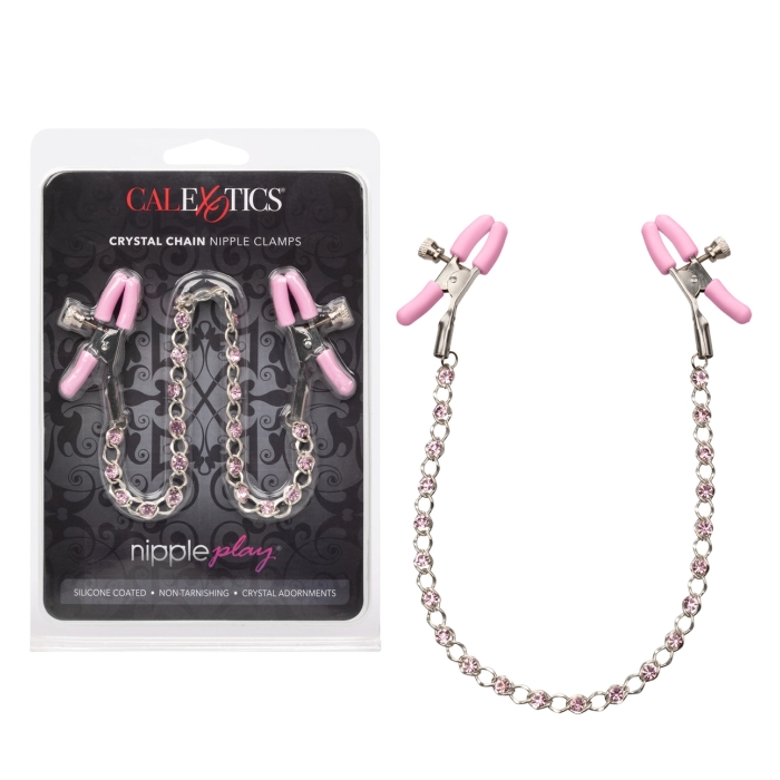 NIPPLE PLAY CRYSTAL CHAIN NIPPLE CLAMPS - PINK 12" - Click Image to Close