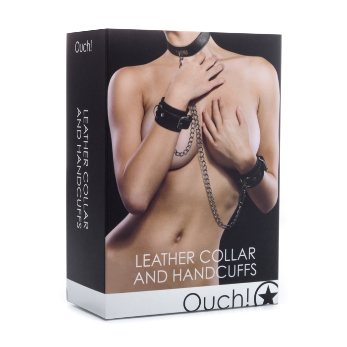 LEATHER COLLAR AND HANDCUFFS - BLACK - Click Image to Close