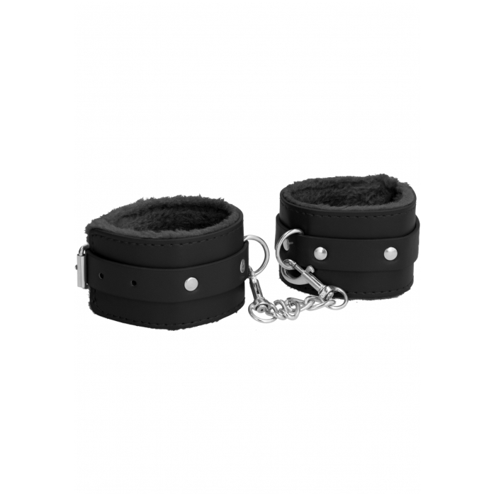 OUCH! PLUSH LEATHER HAND CUFFS - BLACK - Click Image to Close