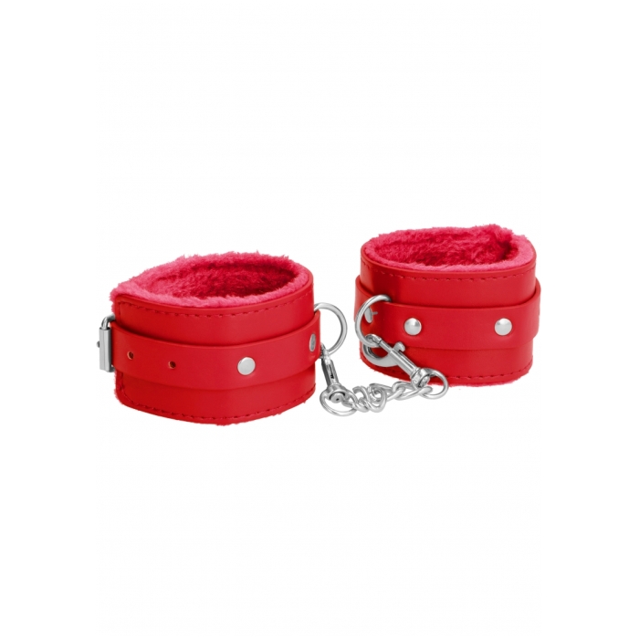 OUCH! PLUSH LEATHER HAND CUFFS - RED - Click Image to Close