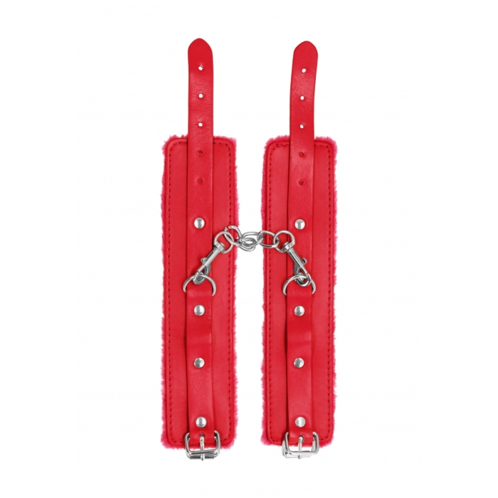 OUCH! PLUSH LEATHER HAND CUFFS - RED