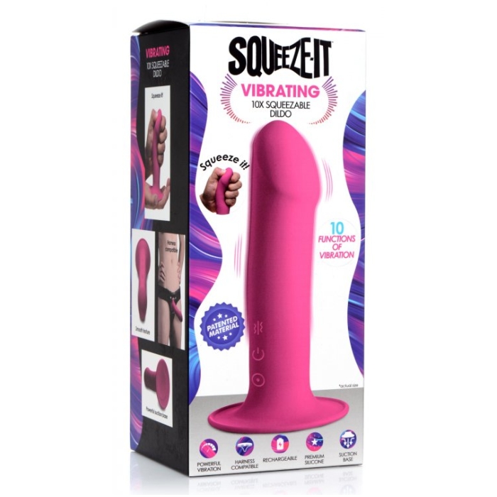 SQ VIBRATING 10X SQUEEZABLE DILDO - PINK - Click Image to Close