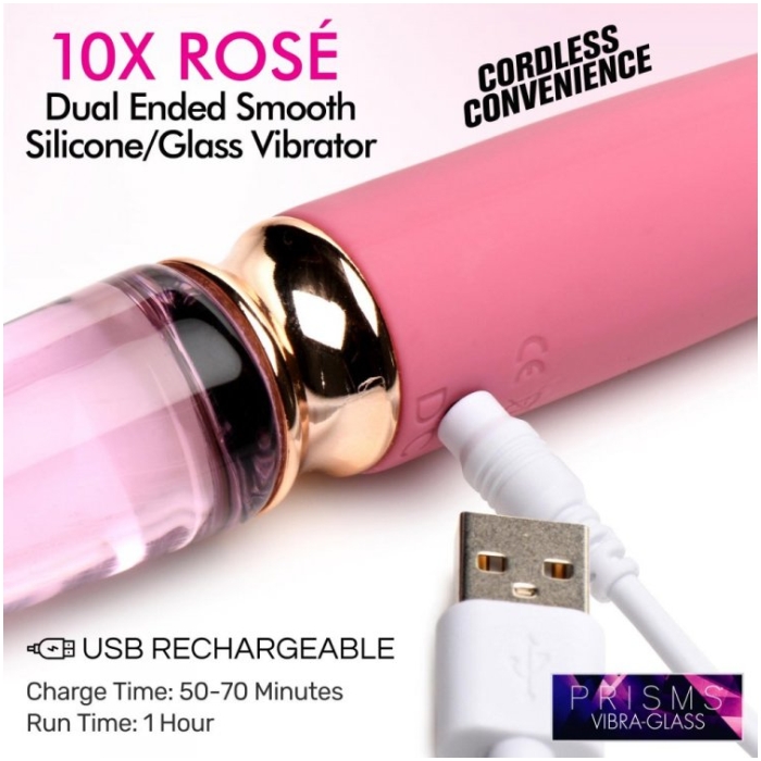 PR VIBRA-GLASS 10X ROSE DUAL ENDED SMOOTH SILI/GLASS V - Click Image to Close