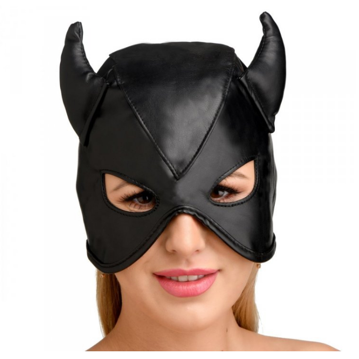 DUNGEON DEMON BONDAGE HOOD WITH HORNS - BLACK - Click Image to Close